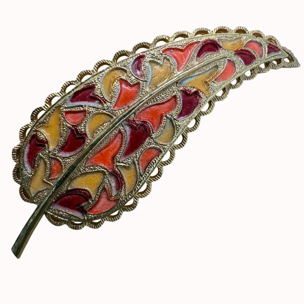 Vintage Gold-Tone Enamel Leaf Brooch With Intricate Red Orange & Yellow‎ Design
